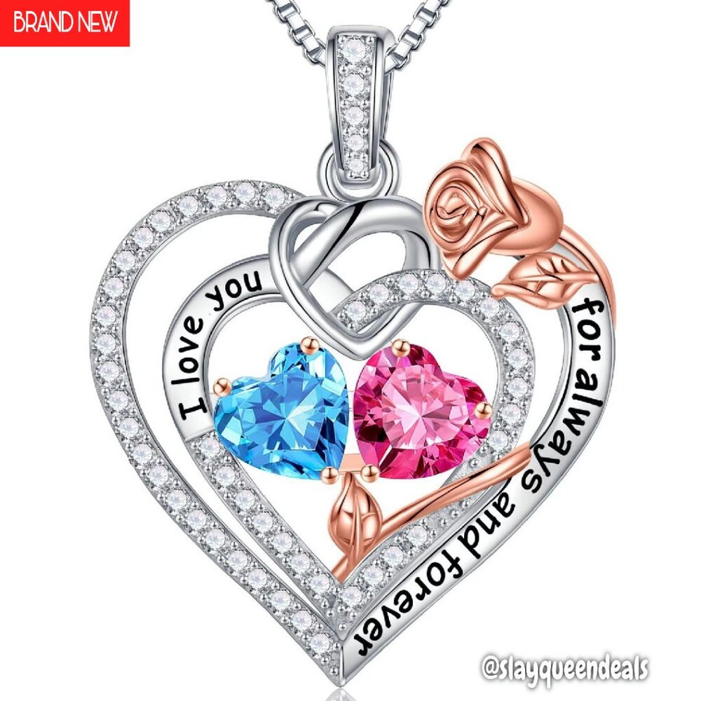 Sterling Silver Double Birthstone Heart Necklace, 21" Adjustable Chain
